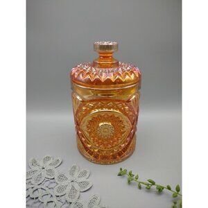 Vintage 8" Imperial Marigold Hobstar Sunburst Carnival Glass Cracker Biscuit Jar